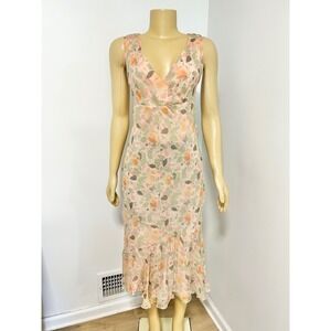 Y2K Mimi Maternity Silk Floral Midi Dress Peach V-Neck Ruffle Whimsy Fairy Small